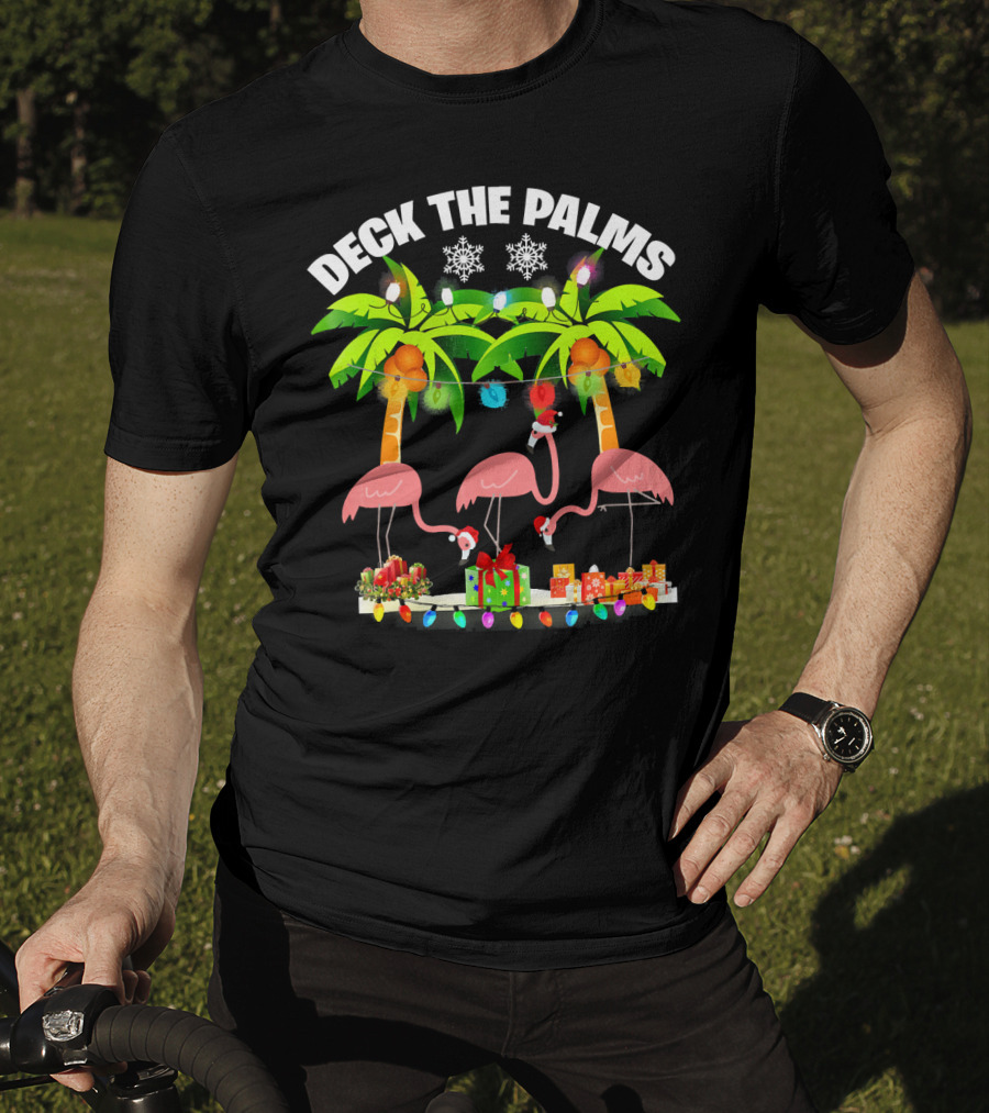 Deck The Palms Flamingo Christmas Lights And Gifts T-Shirt