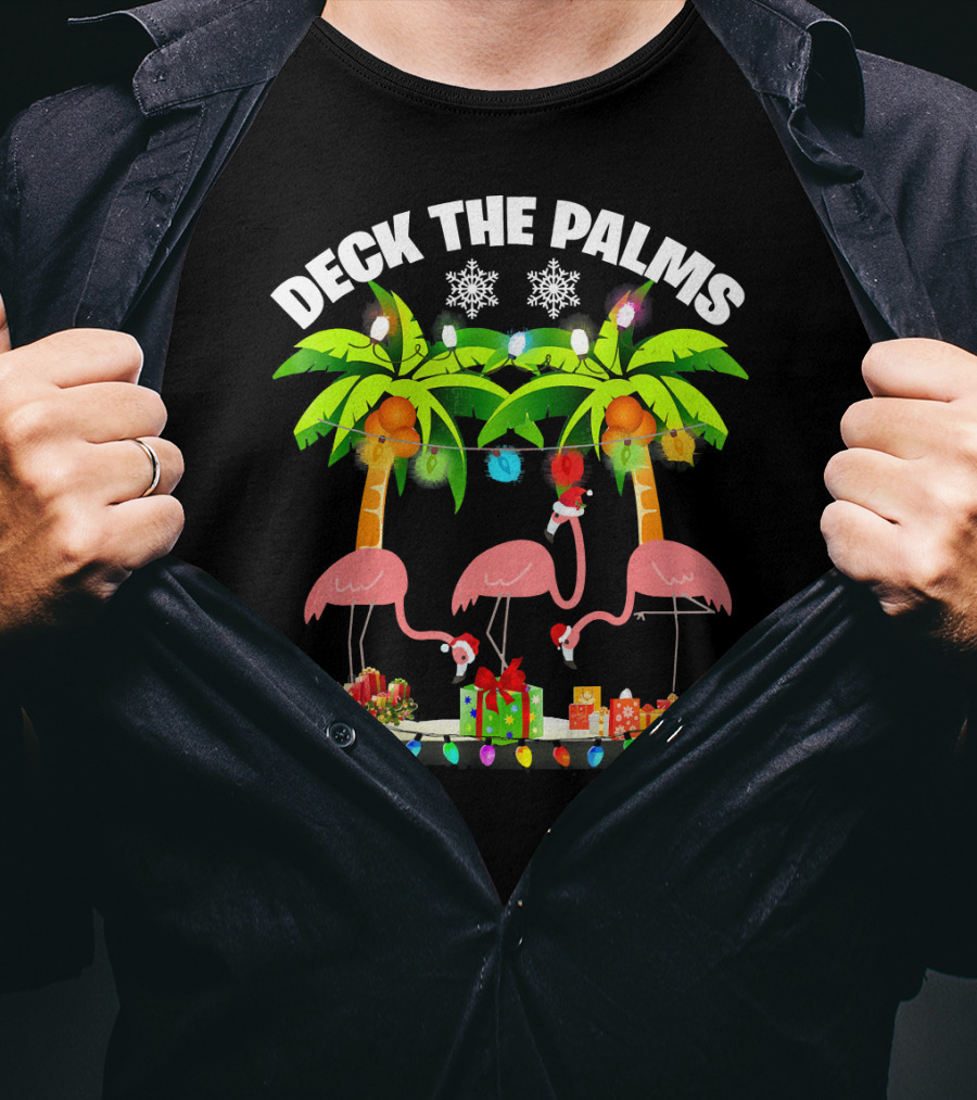 Deck The Palms Flamingo Christmas Lights And Gifts T-Shirt