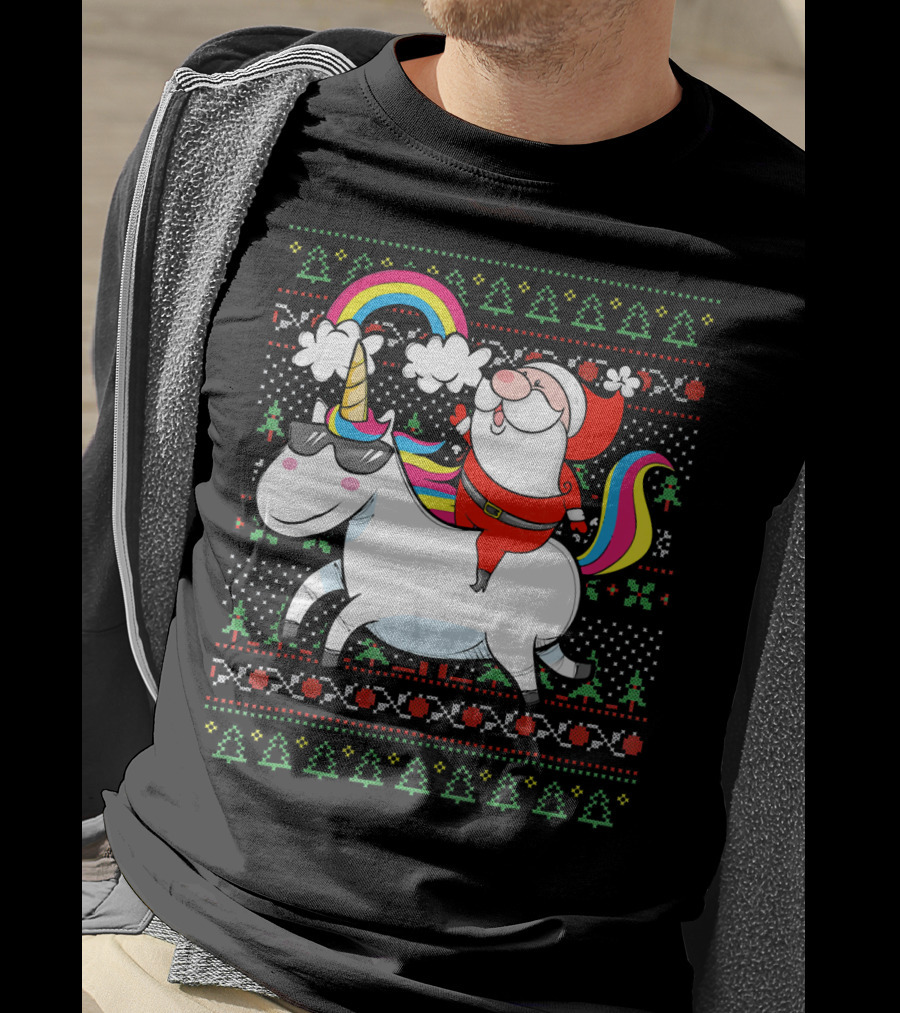 Santa Claus Riding A Rainbow Unicorn Christmas T-Shirt