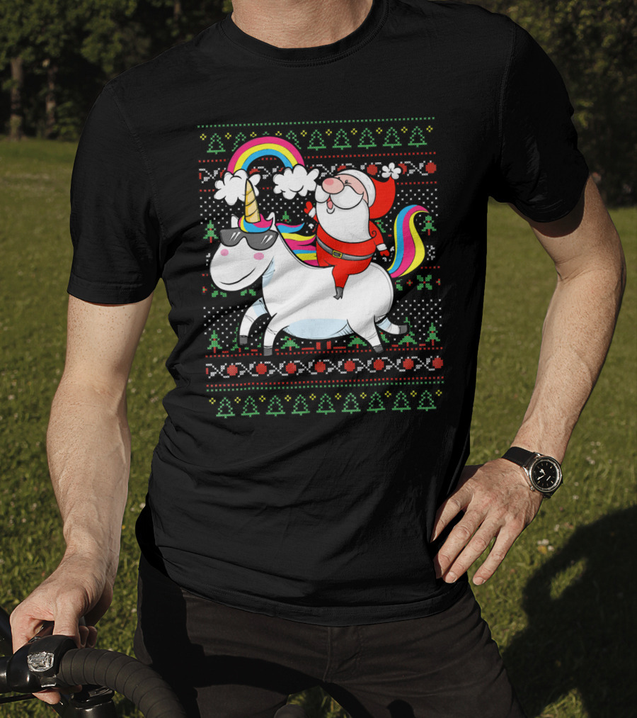 Santa Claus Riding A Rainbow Unicorn Christmas T-Shirt