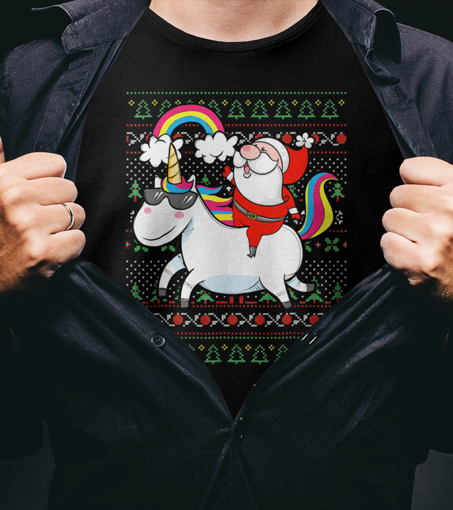 Santa Claus Riding A Rainbow Unicorn Christmas T-Shirt