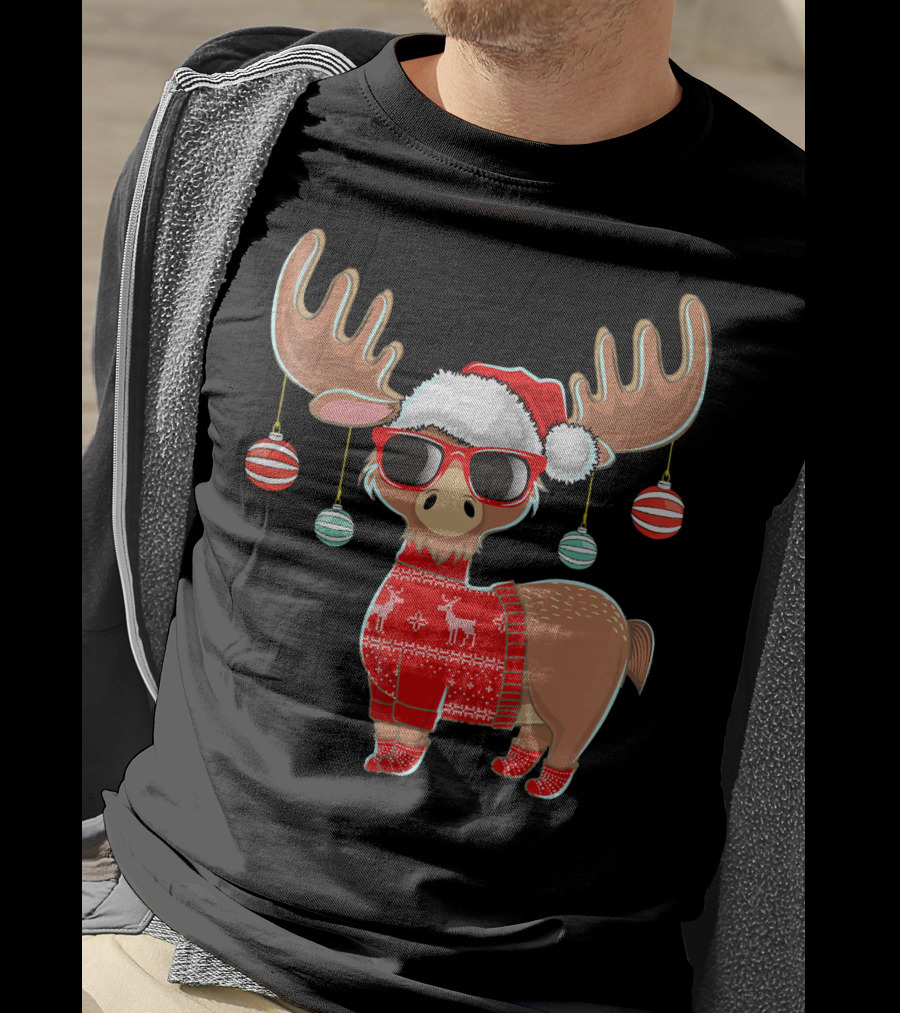 Ugly Christmas Moose Chris With Sweater And Ornaments T-Shirt