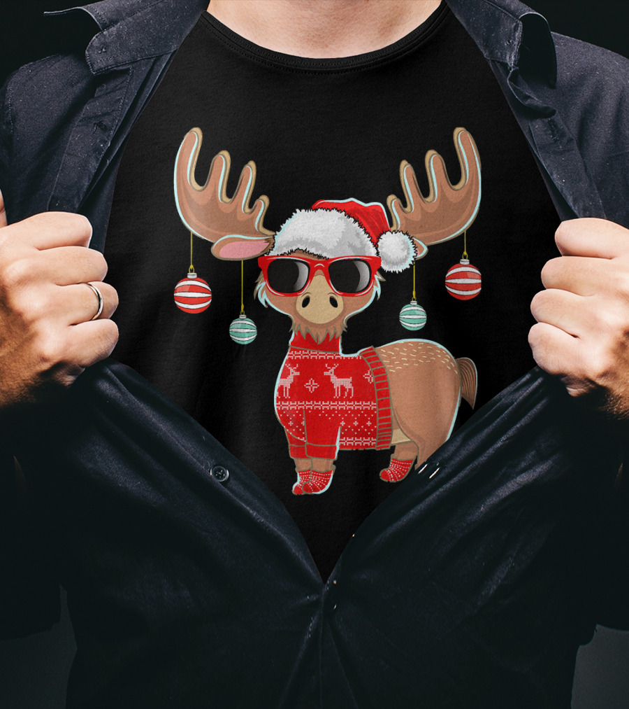 Ugly Christmas Moose Chris With Sweater And Ornaments T-Shirt