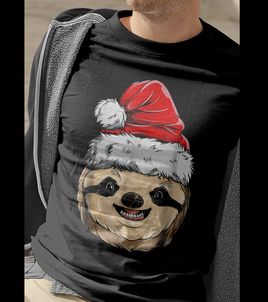 Sloth Santa Christmas Hat Cheerful Face T-Shirt