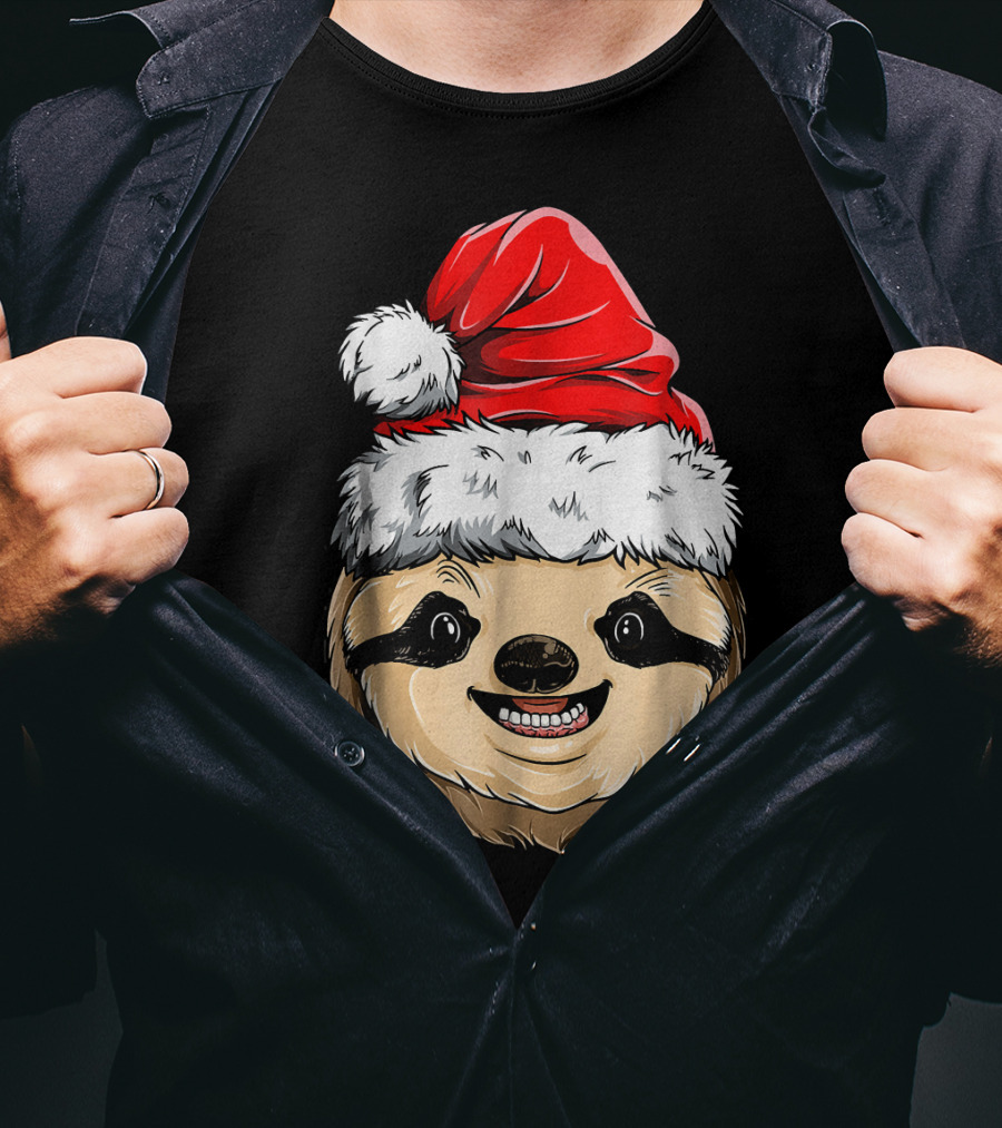 Sloth Santa Christmas Hat Cheerful Face T-Shirt