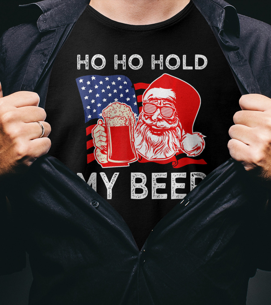 Ho Ho Hold My Beer Santa American Flag T-Shirt