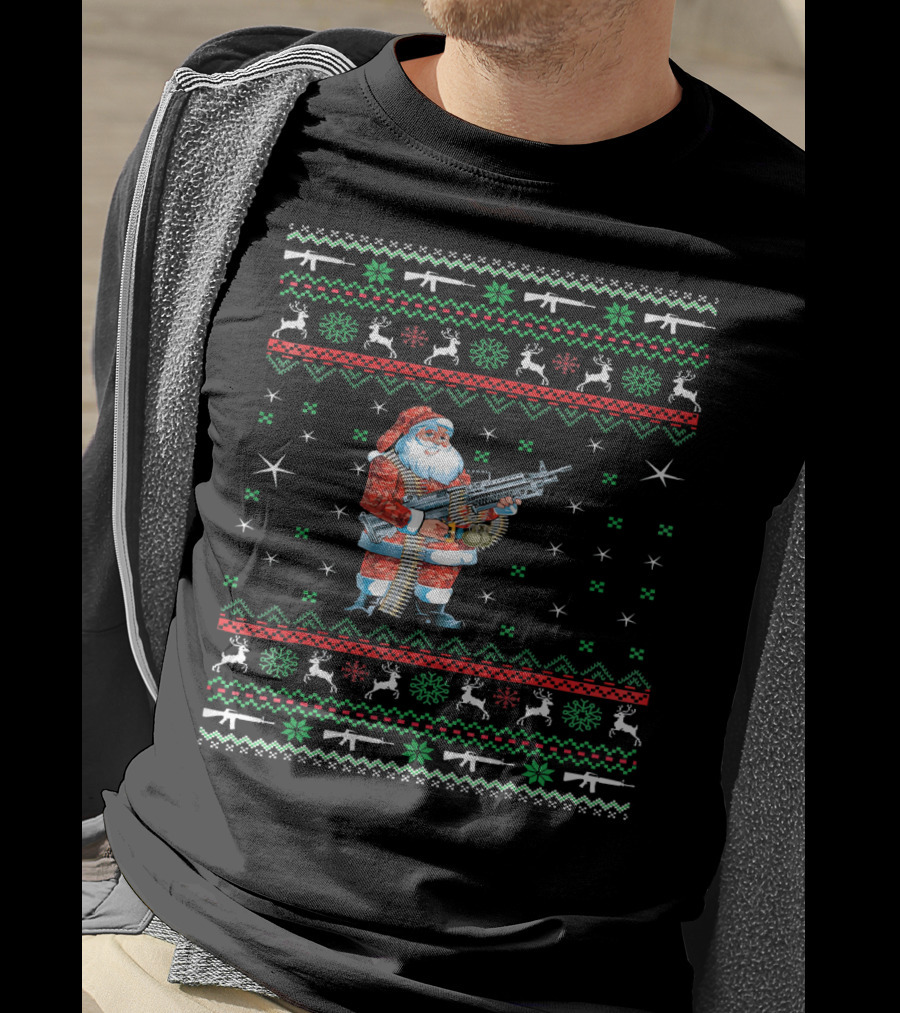 I Want Guns For Christmas Santa With Machine Gun Ugly T-Shirt