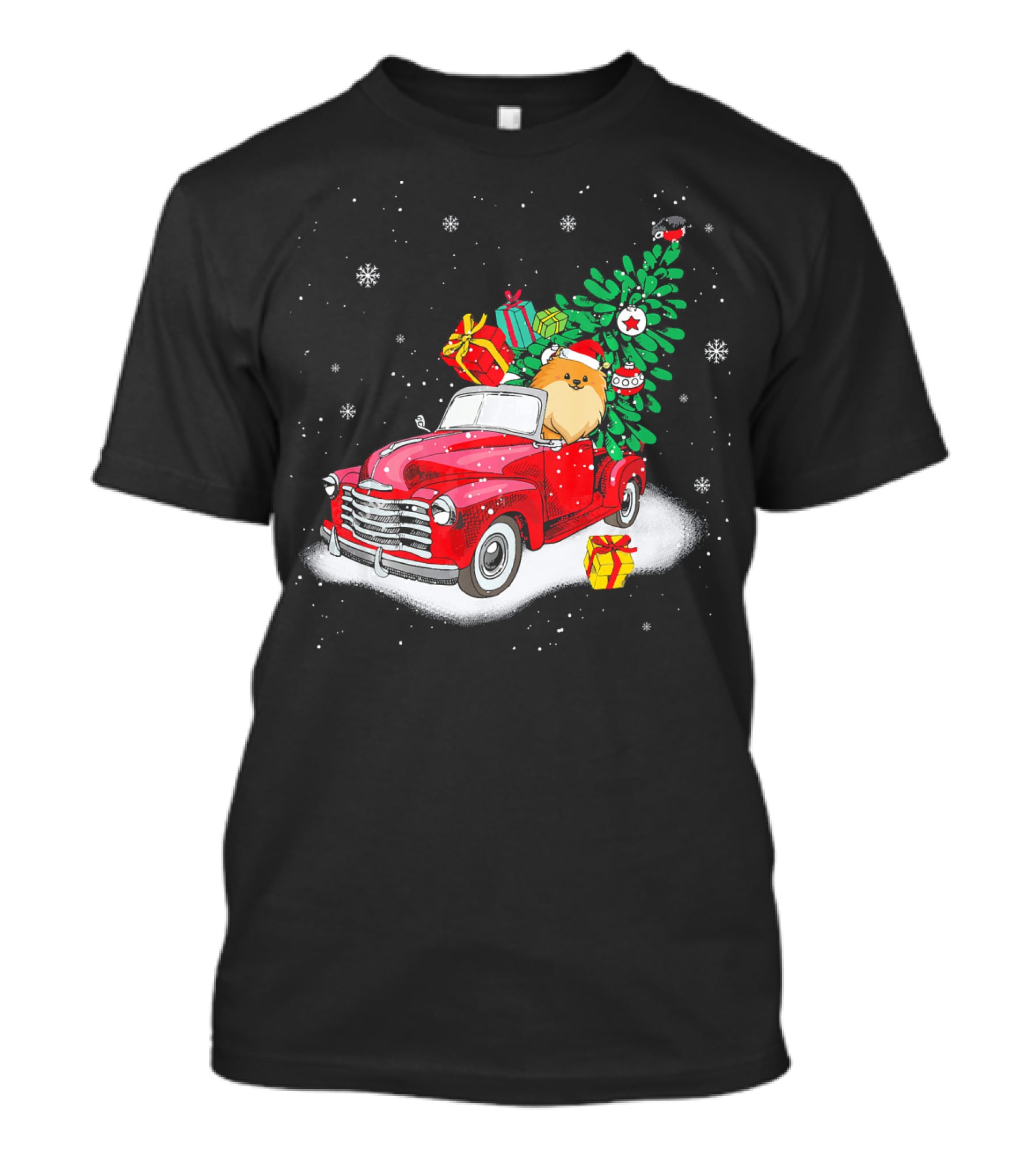 Pomeranian With Christmas Tree And Gifts In Red Truck Snow Scene T-Shirt