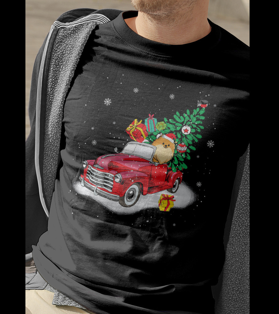 Pomeranian With Christmas Tree And Gifts In Red Truck Snow Scene T-Shirt