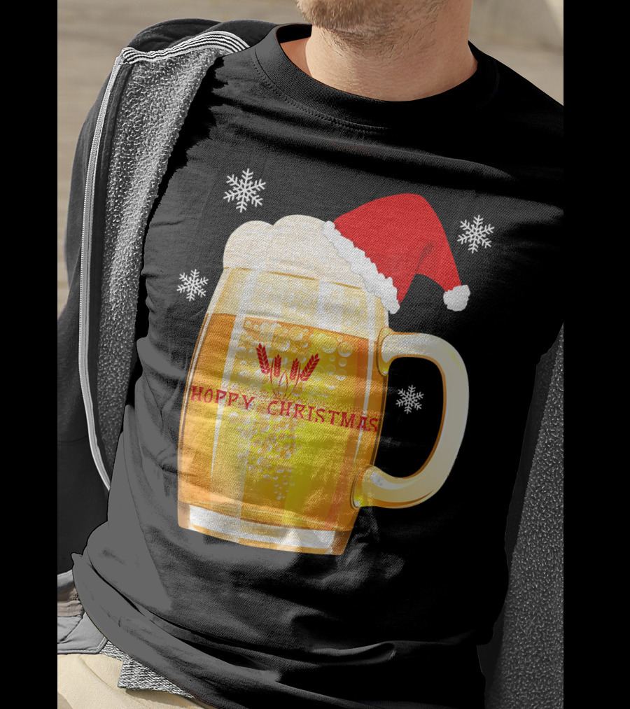 Hoppy Christmas Beer Santa Mug With Snowflakes T-Shirt