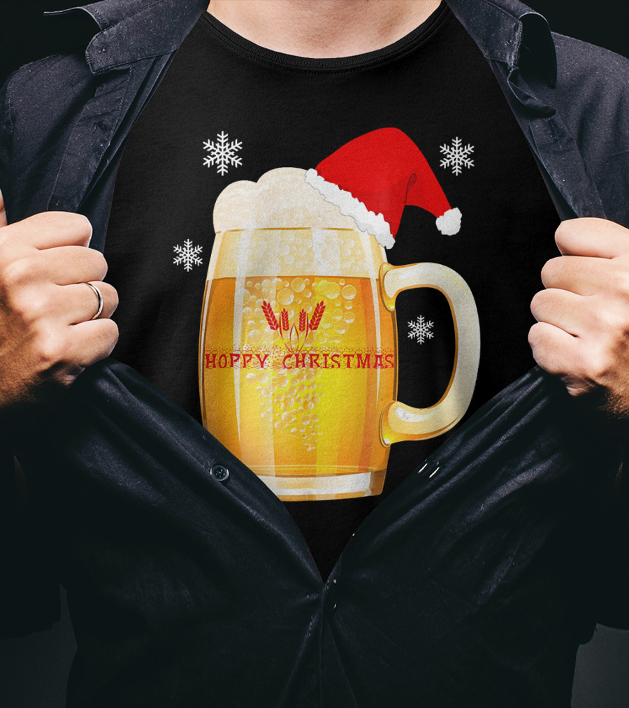 Hoppy Christmas Beer Santa Mug With Snowflakes T-Shirt