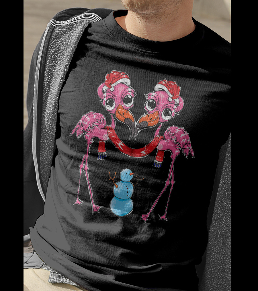 Snowman Xmas Santa Claus Hat Flamingo Chris T-Shirt