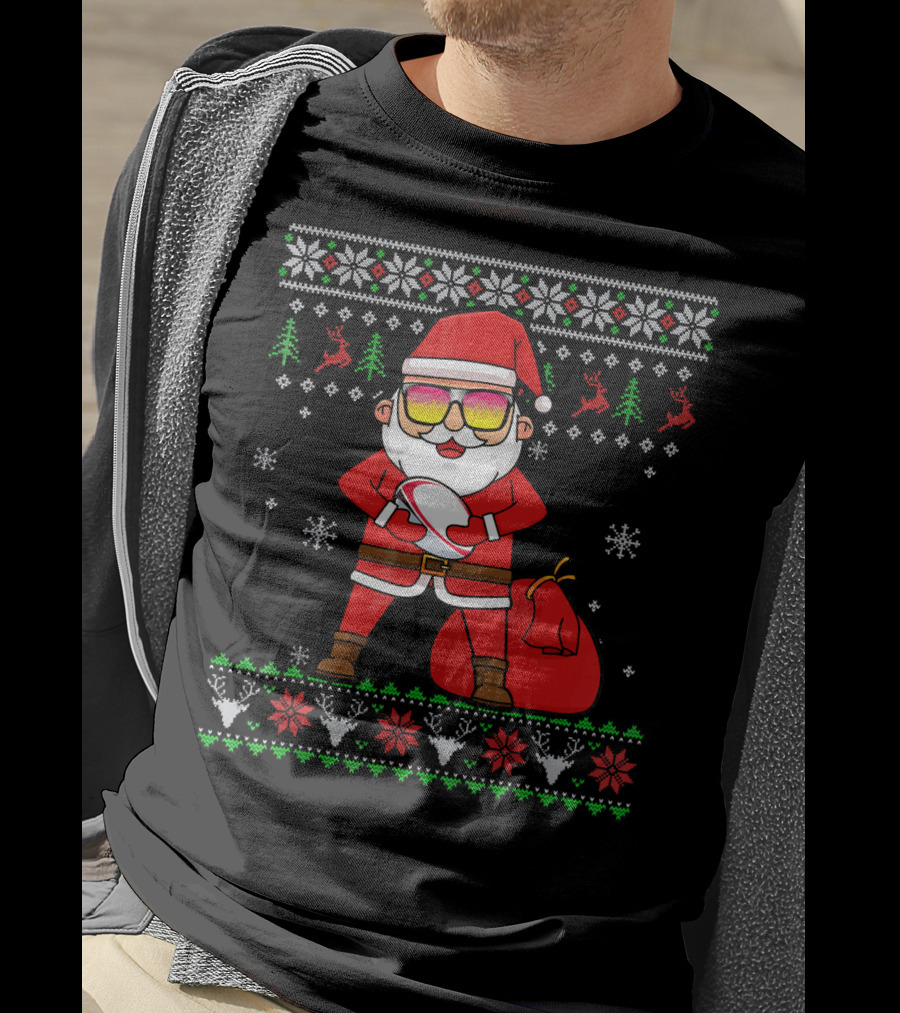 Rugby Ugly Christmas Santa Claus With Sunglasses Snowflakes Reindeer T-Shirt