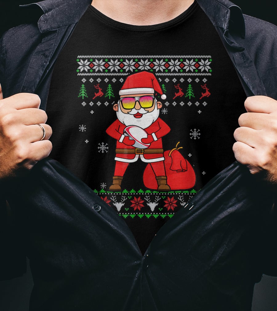 Rugby Ugly Christmas Santa Claus With Sunglasses Snowflakes Reindeer T-Shirt