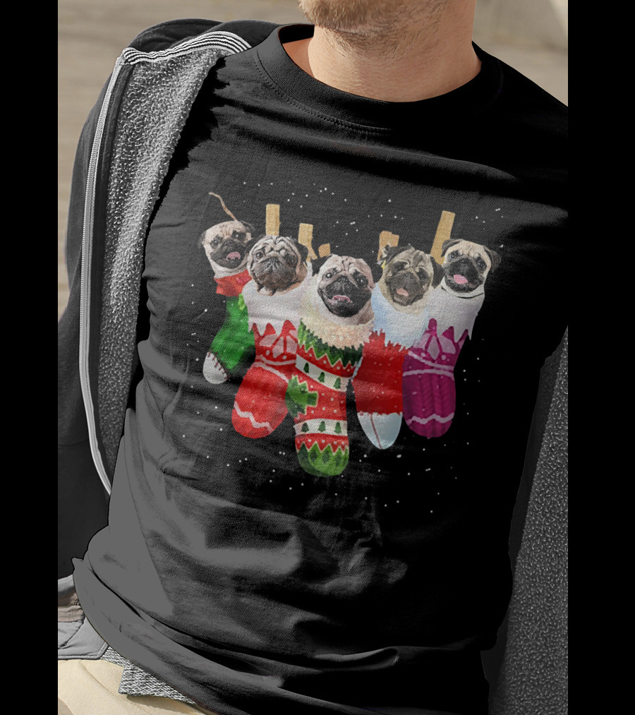 Pug Heads In Colorful Christmas Stockings With Snowflakes T-Shirt