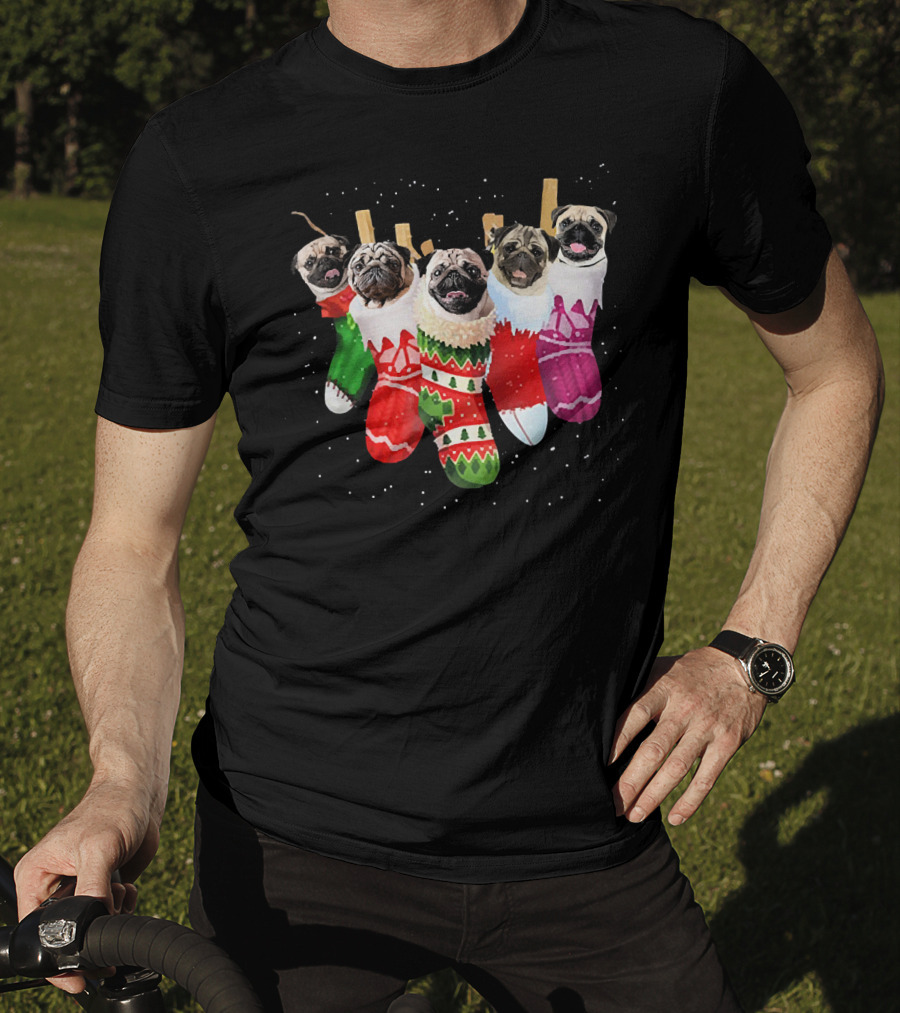 Pug Heads In Colorful Christmas Stockings With Snowflakes T-Shirt