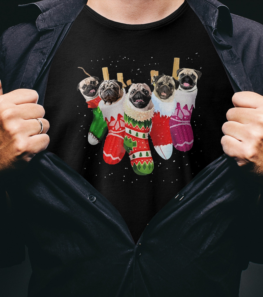 Pug Heads In Colorful Christmas Stockings With Snowflakes T-Shirt