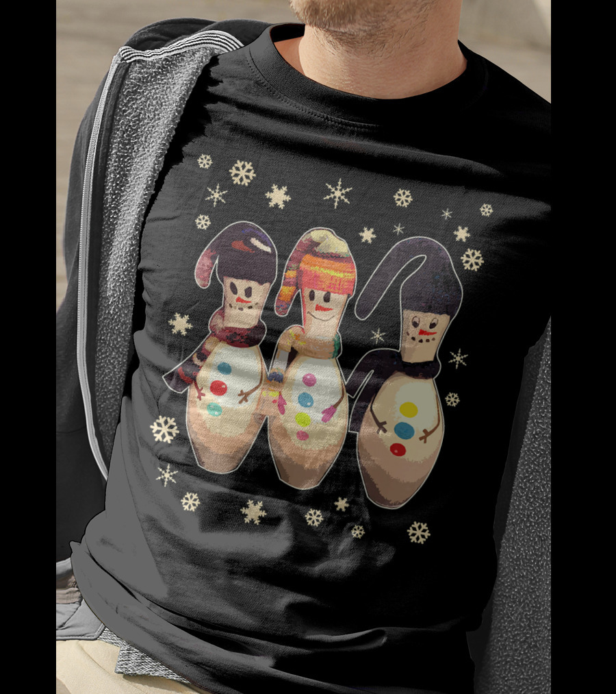 Bowling Pins Winter Snowman Scarves Hats Snowflakes T-Shirt