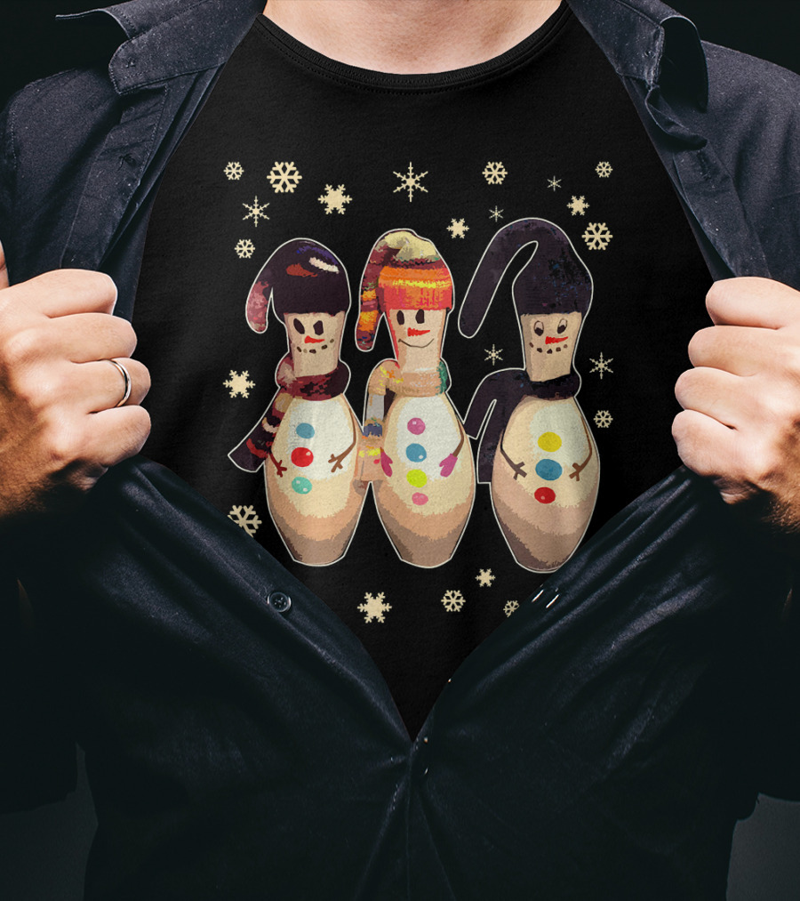 Bowling Pins Winter Snowman Scarves Hats Snowflakes T-Shirt