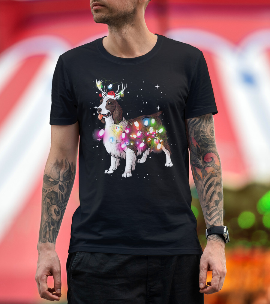 Christmas Lights English Springer Spaniel with Reindeer Antlers and Santa Hat T-Shirt