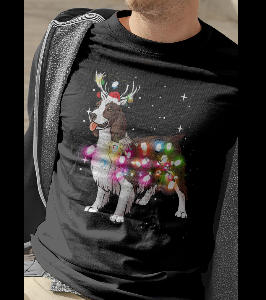 Christmas Lights English Springer Spaniel With Reindeer Antlers And Santa Hat T-Shirt