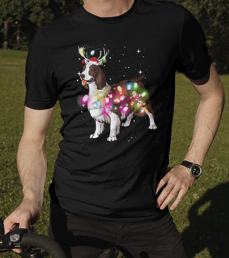 Christmas Lights English Springer Spaniel With Reindeer Antlers And Santa Hat T-Shirt