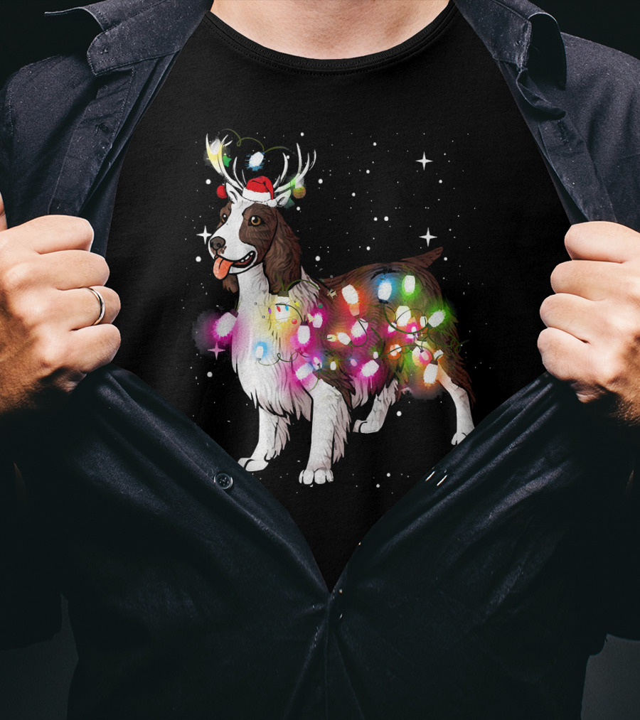 Christmas Lights English Springer Spaniel With Reindeer Antlers And Santa Hat T-Shirt