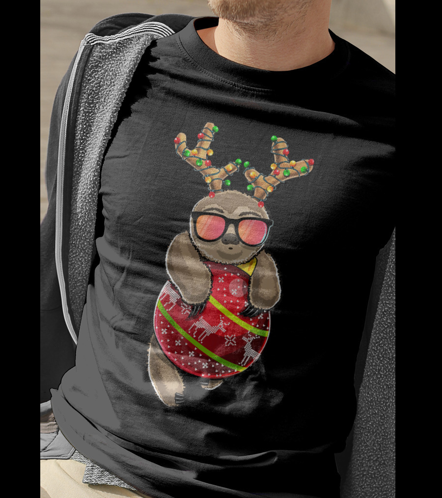 Christmas Sloth Reindeer Ornament Holiday Lights Festive Fashion T-Shirt