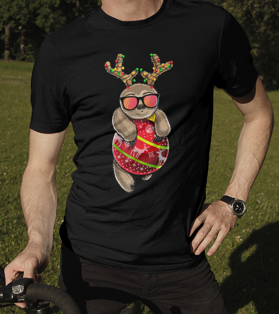 Christmas Sloth Reindeer Ornament Holiday Lights Festive Fashion T-Shirt