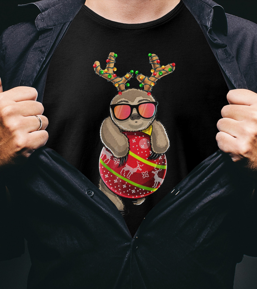 Christmas Sloth Reindeer Ornament Holiday Lights Festive Fashion T-Shirt