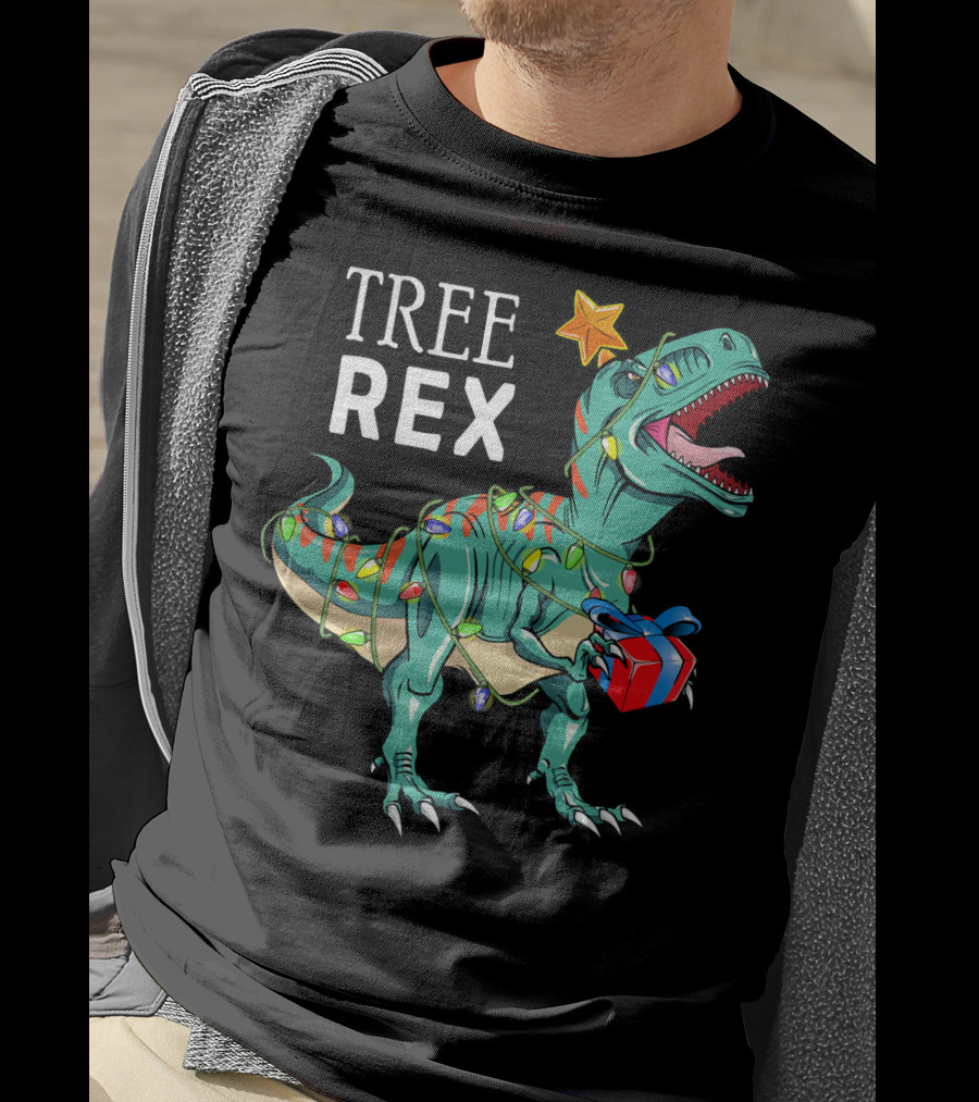Tree Rex Dinosaur With Christmas Lights And Gift T-Shirt