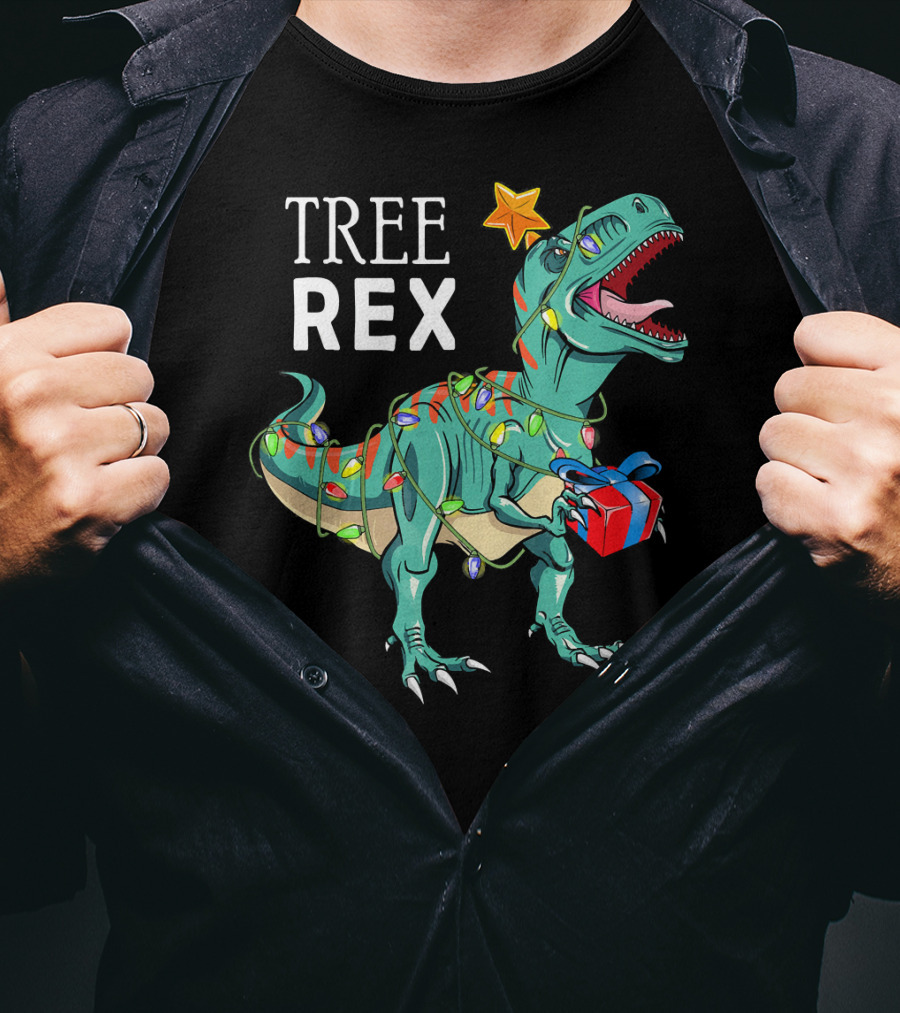 Tree Rex Dinosaur With Christmas Lights And Gift T-Shirt