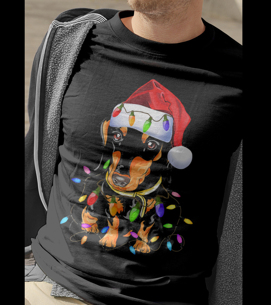 Dachshund Christmas Loves LED Lights Santa Hat T-Shirt