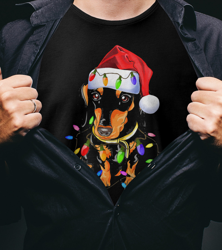 Dachshund Christmas Loves LED Lights Santa Hat T-Shirt