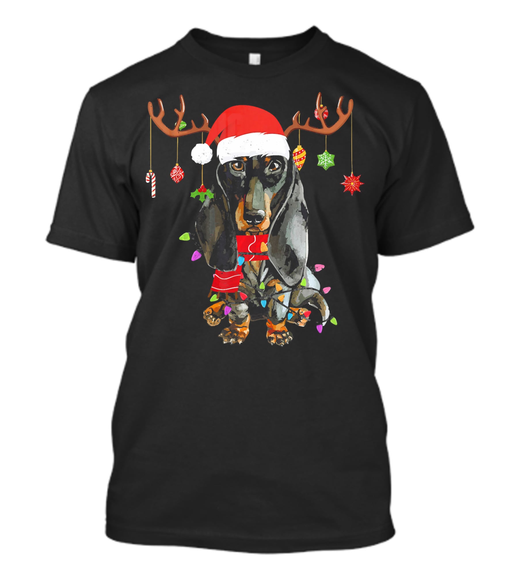 Funny Dachshund Christmas Reindeer Light Festive Holiday Puppy With Santa Hat And Antlers T-Shirt