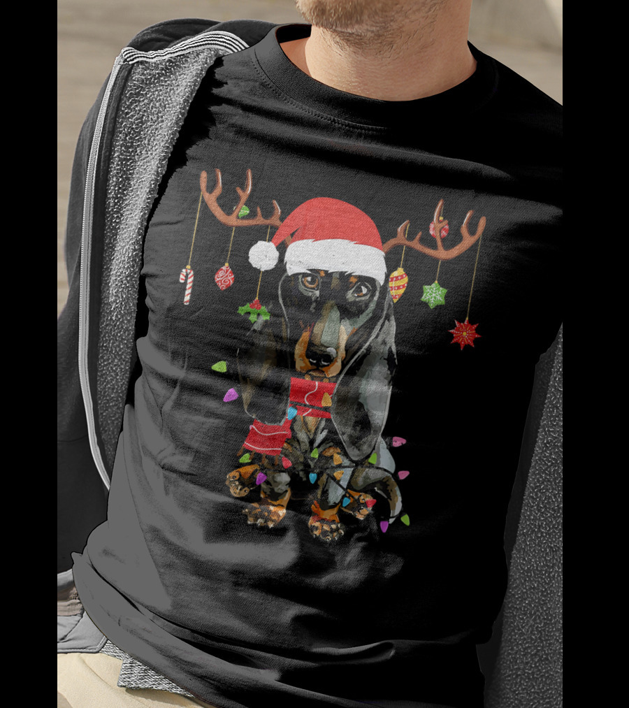Funny Dachshund Christmas Reindeer Light Festive Holiday Puppy With Santa Hat And Antlers T-Shirt