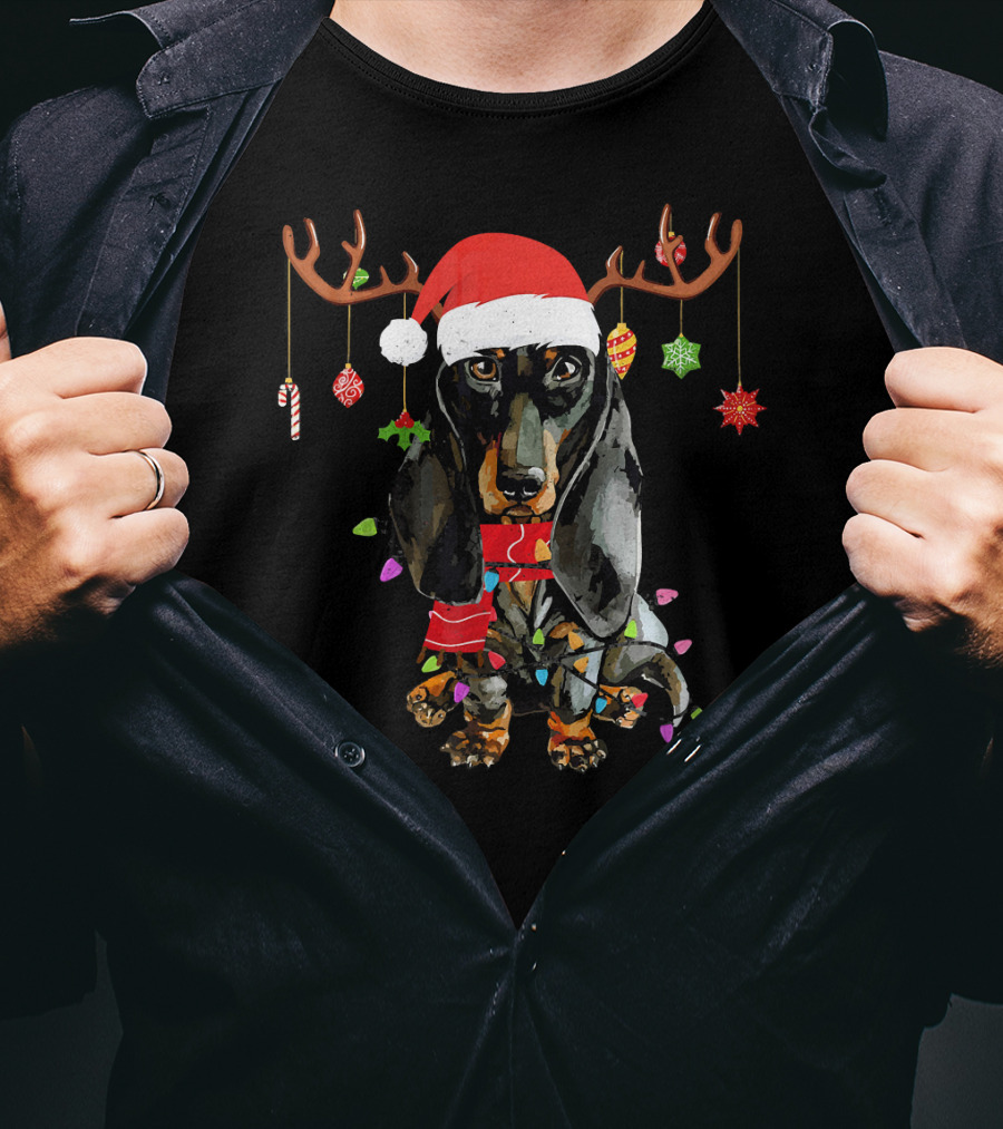 Funny Dachshund Christmas Reindeer Light Festive Holiday Puppy With Santa Hat And Antlers T-Shirt