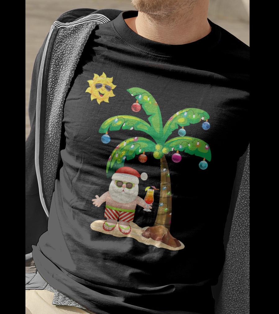 July Christmas Palm Tree Santa With Sunglasses And Cocktail T-Shirt