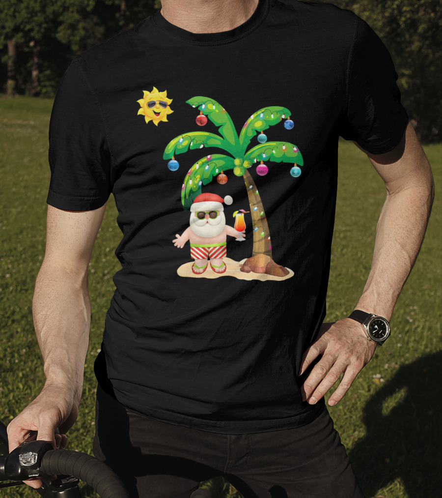 July Christmas Palm Tree Santa With Sunglasses And Cocktail T-Shirt