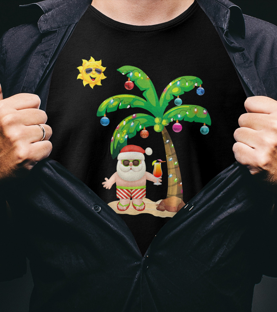 July Christmas Palm Tree Santa With Sunglasses And Cocktail T-Shirt