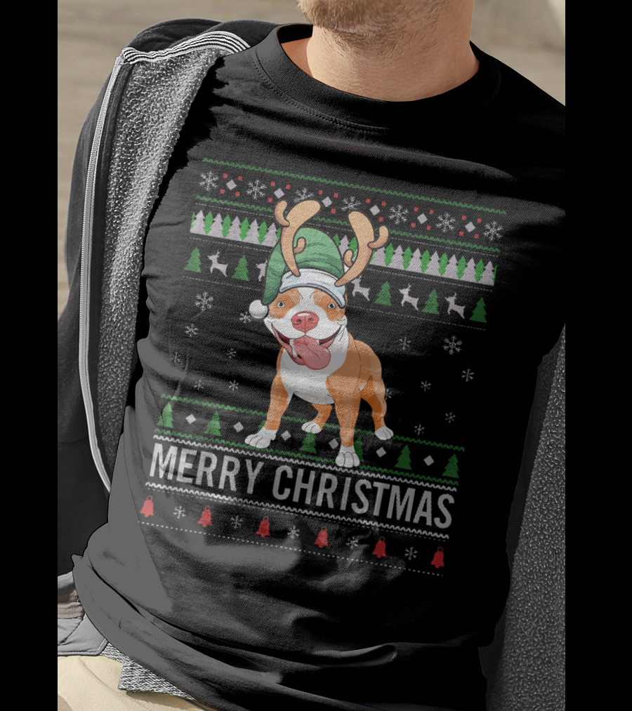 Merry Christmas Pitbull Dog Reindeer Antlers Festive T-Shirt