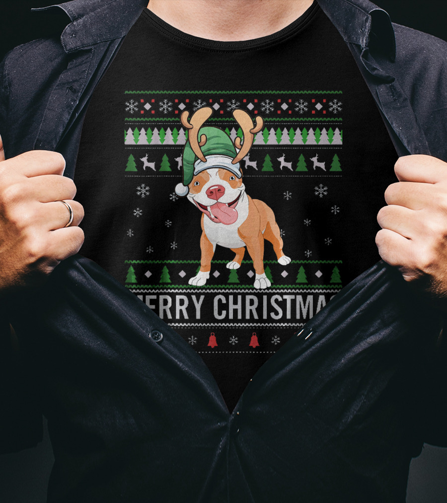 Merry Christmas Pitbull Dog Reindeer Antlers Festive T-Shirt