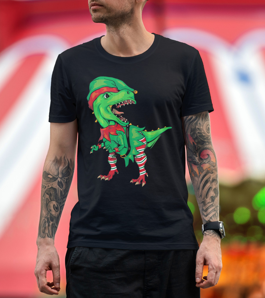 Christmas Dinosaur in Elf Costume T-Shirt