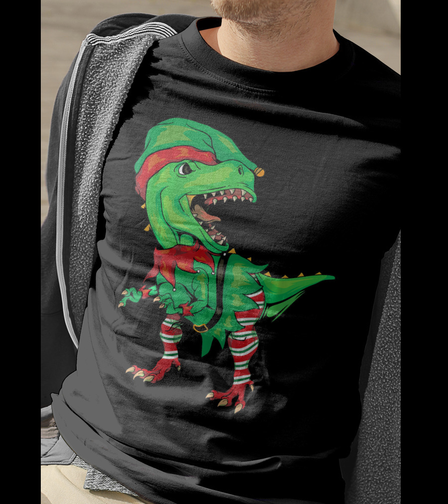 Christmas Dinosaur In Elf Costume T-Shirt