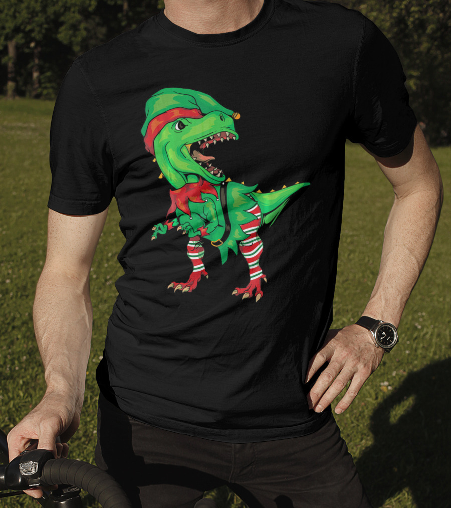 Christmas Dinosaur In Elf Costume T-Shirt