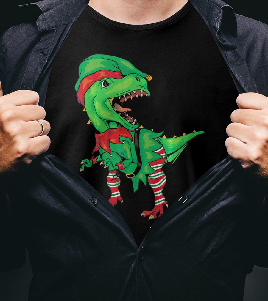 Christmas Dinosaur In Elf Costume T-Shirt