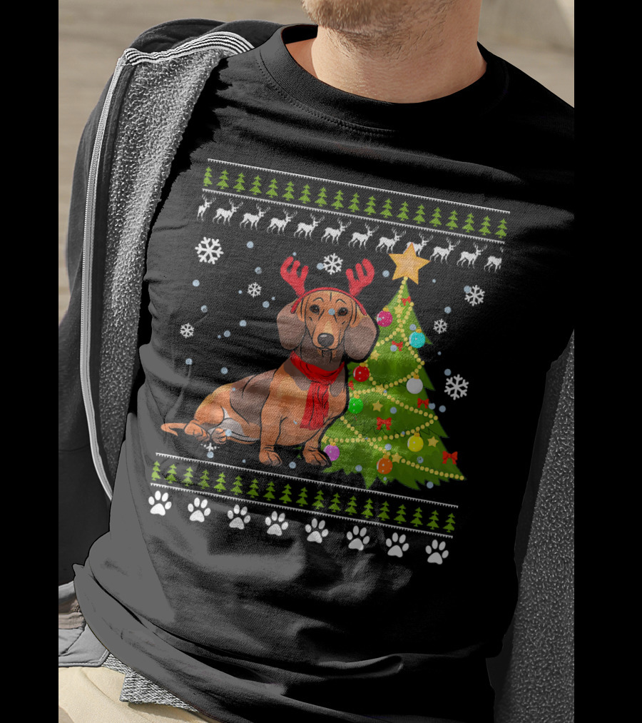 Dachshund Ugly Christmas Reindeer Antlers Christmas Tree Snowflakes T-Shirt
