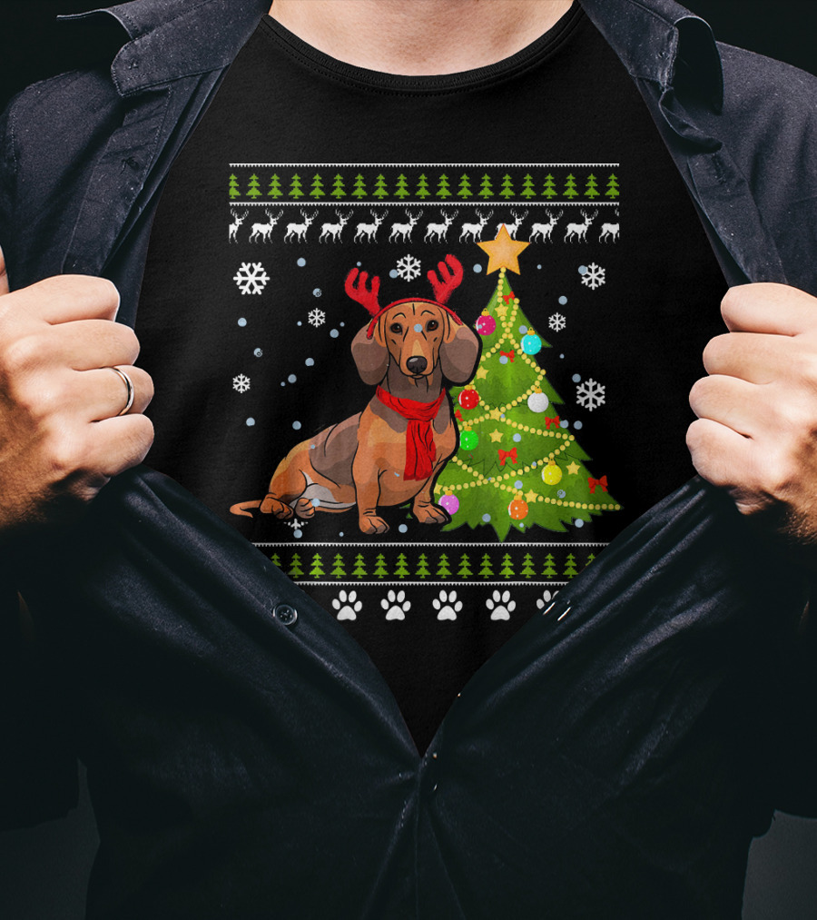 Dachshund Ugly Christmas Reindeer Antlers Christmas Tree Snowflakes T-Shirt