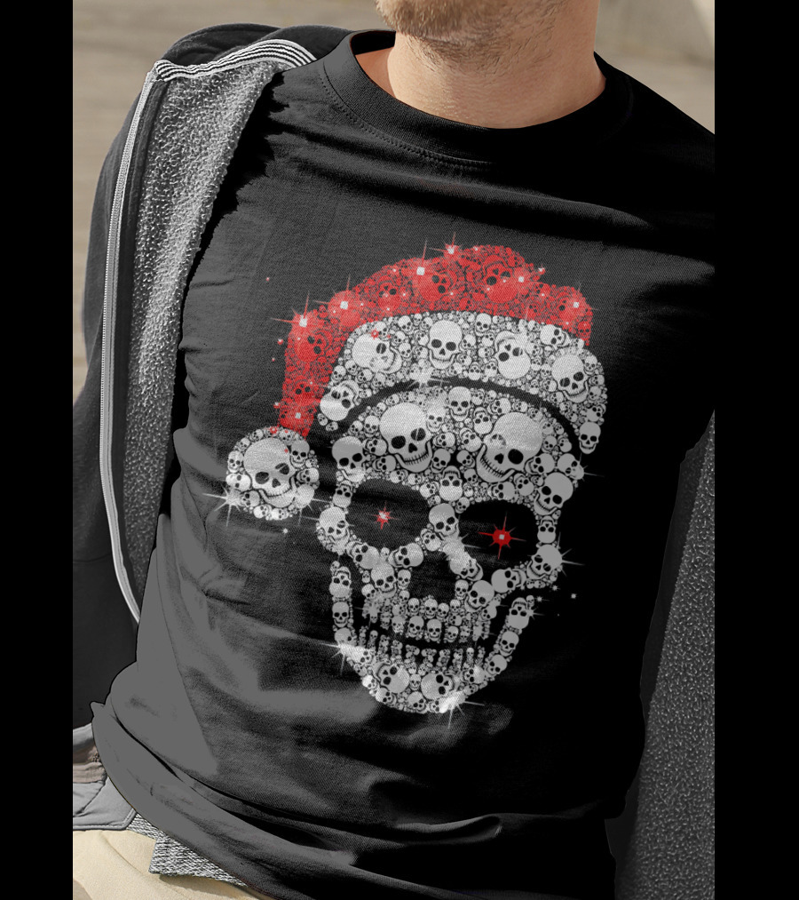 Shiny Skull Rhinestone Santa Hat Christmas Skulls T-Shirt