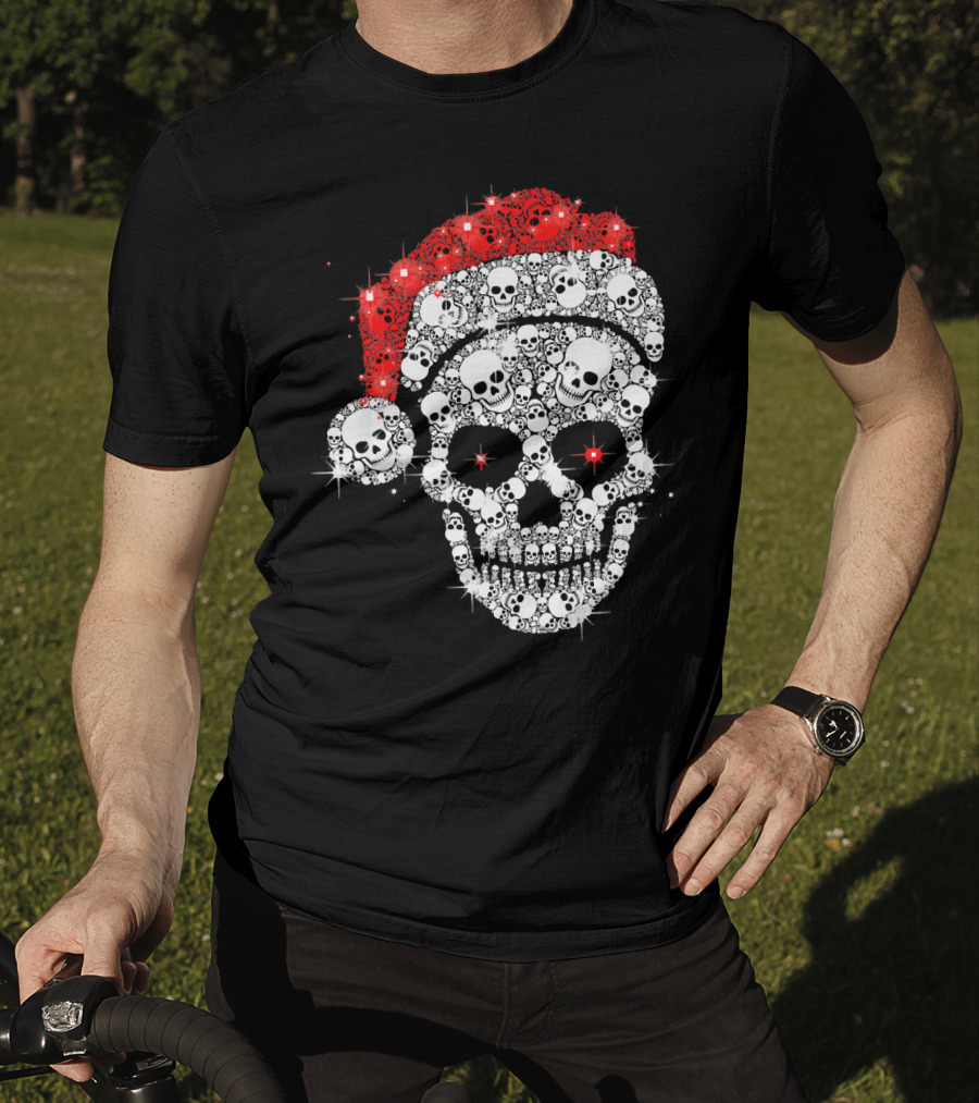 Shiny Skull Rhinestone Santa Hat Christmas Skulls T-Shirt